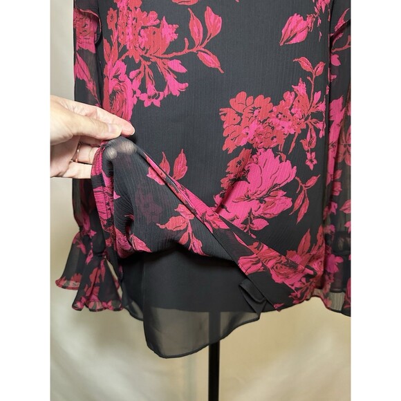 Roz & Ali Red Black Floral Whimsigoth Sheer Ruffles Long Sleeve Top Women SMALL - Picture 6 of 12